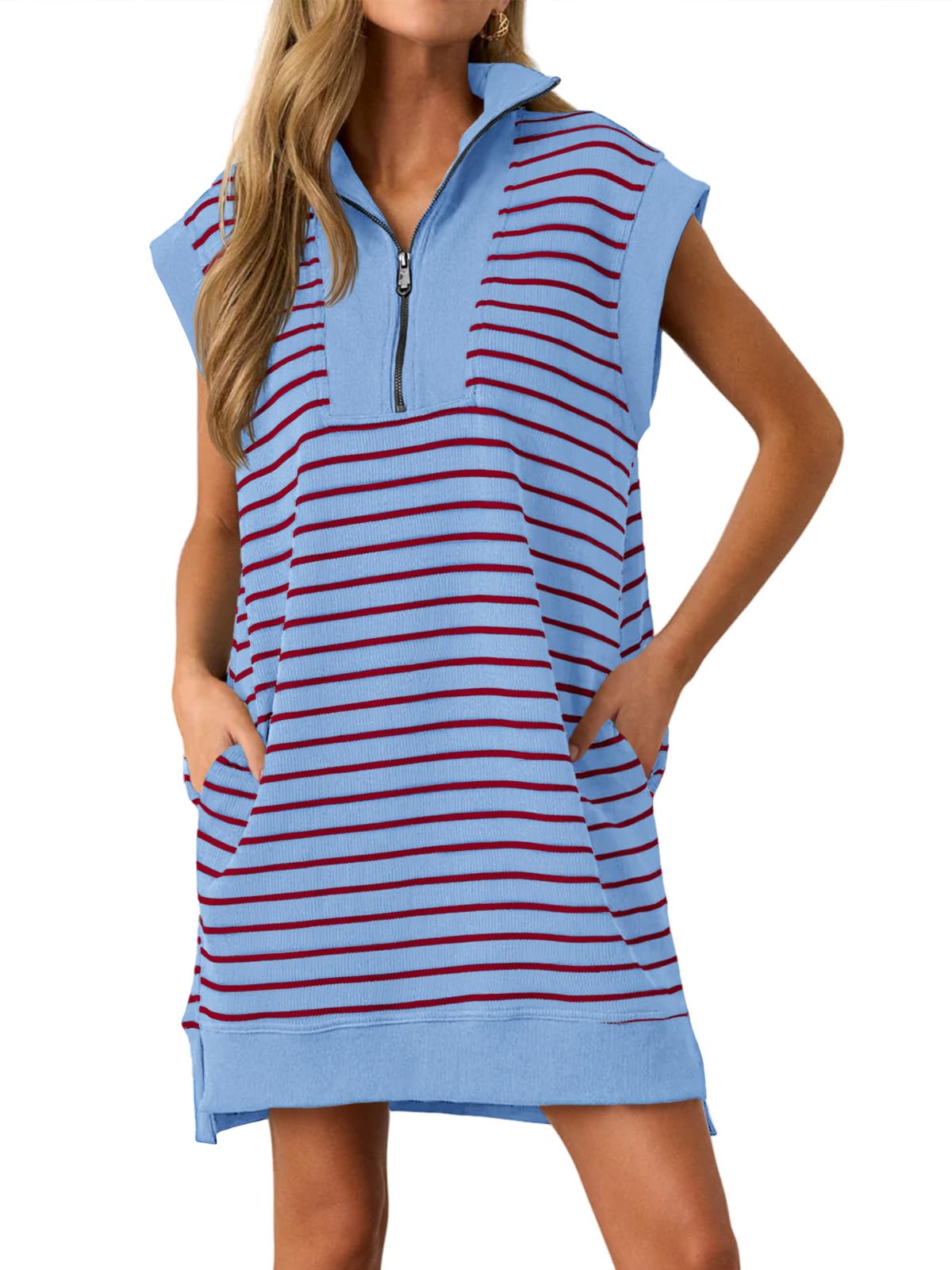 HOT SALE Women's Striped Knit Cap Sleeve Half-Zip Mini Dress