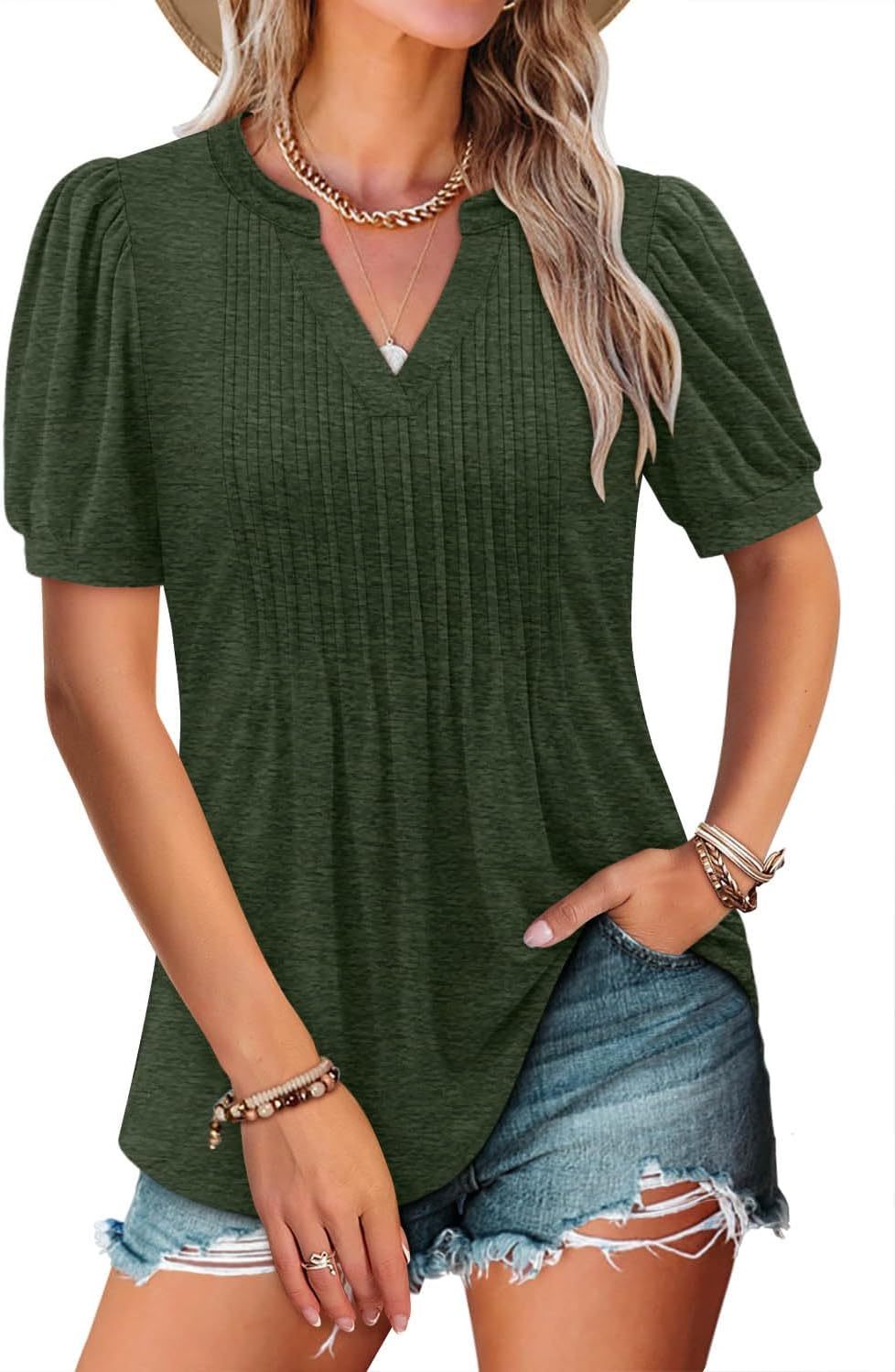 HOT SALE Women's V-neck Loose Pleated Short-sleeved Waist Top