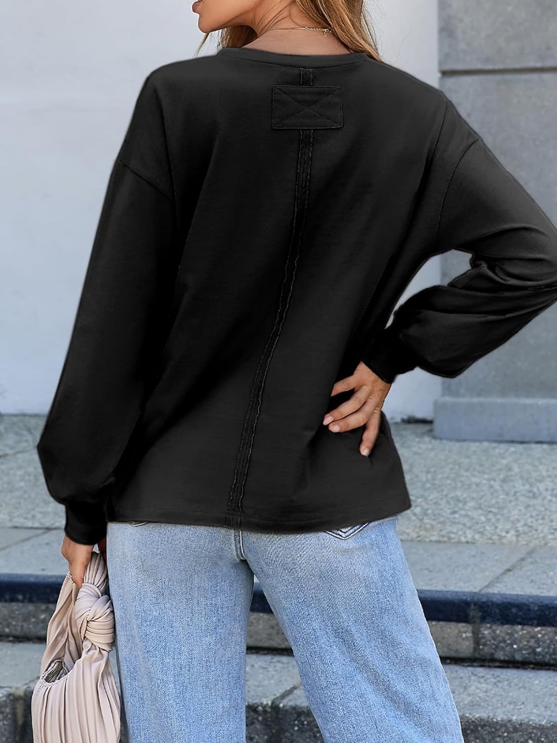 Women's Crewneck Pocket Oversized Basic Long Sleeve Shirts