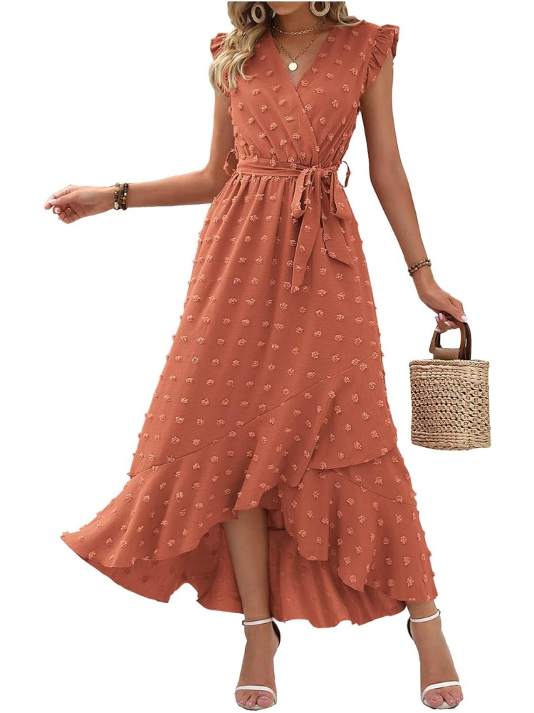 Women Swiss Dot Boho Flowy Ruffle Long Maxi Cocktail Dress