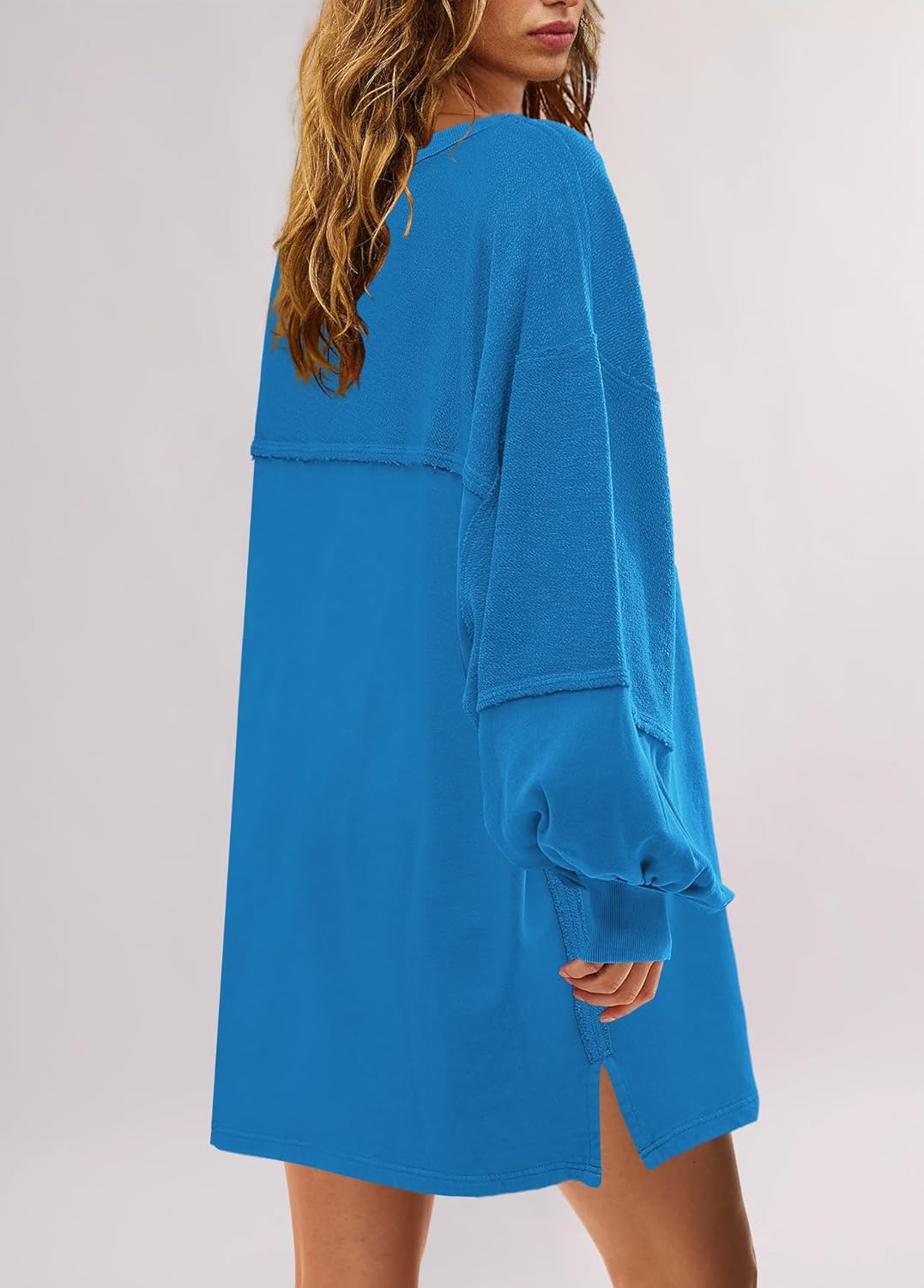Women's Oversized Crewneck Patchwork Slit Sweatshirt Dress