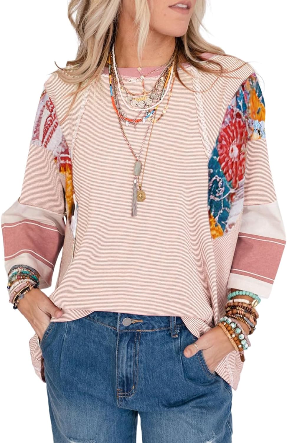 2025 Spring Summer Crew Neck Oversized Striped Patchwork Shirts Blouse