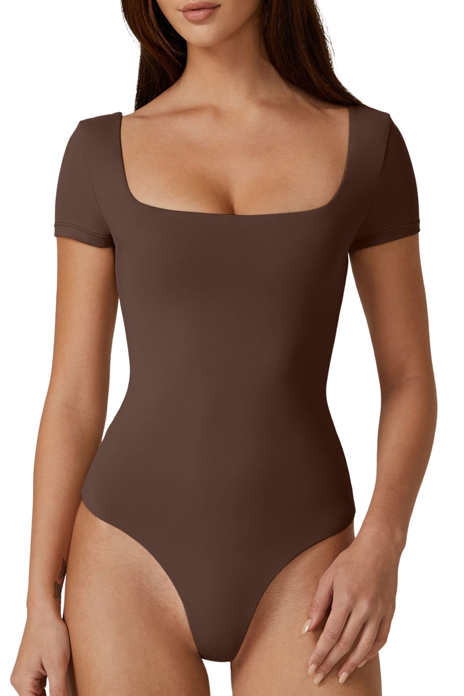  Women's Square Neck Short Sleeve Double-Layer Bodysuit