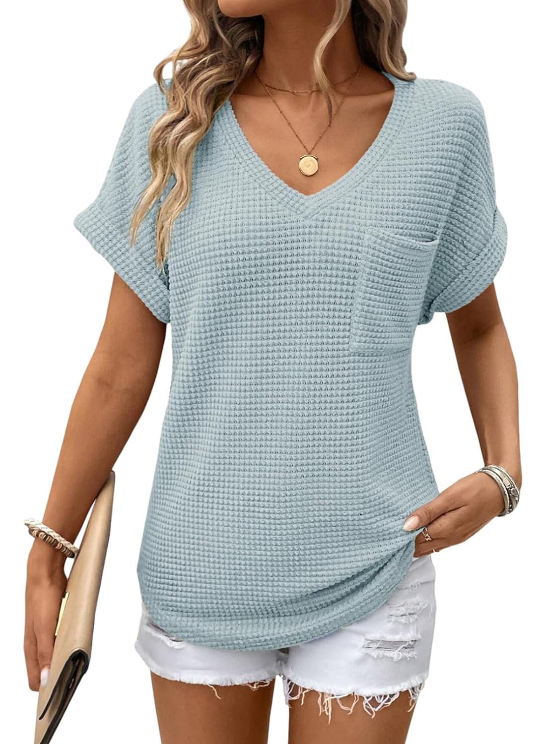 Women's Oversized Waffle V Neck Short Sleeve Casual Top(BUY 2 FREE SHIPPING)