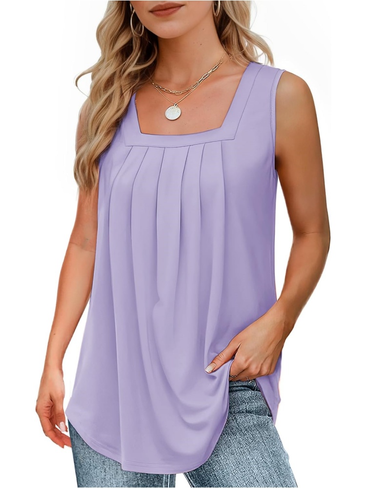 Women's Loose Fit Pleated Square Neck Tank Tops