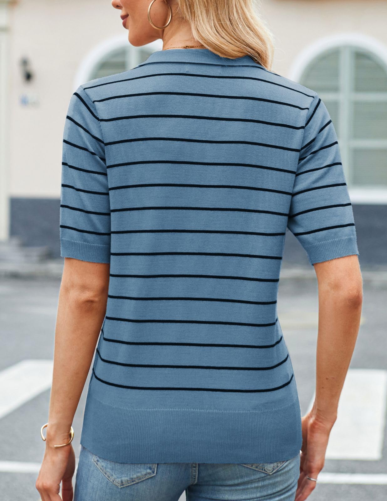 Women's Polo Collar Ribbed Short Sleeve V Neck Knit Tops