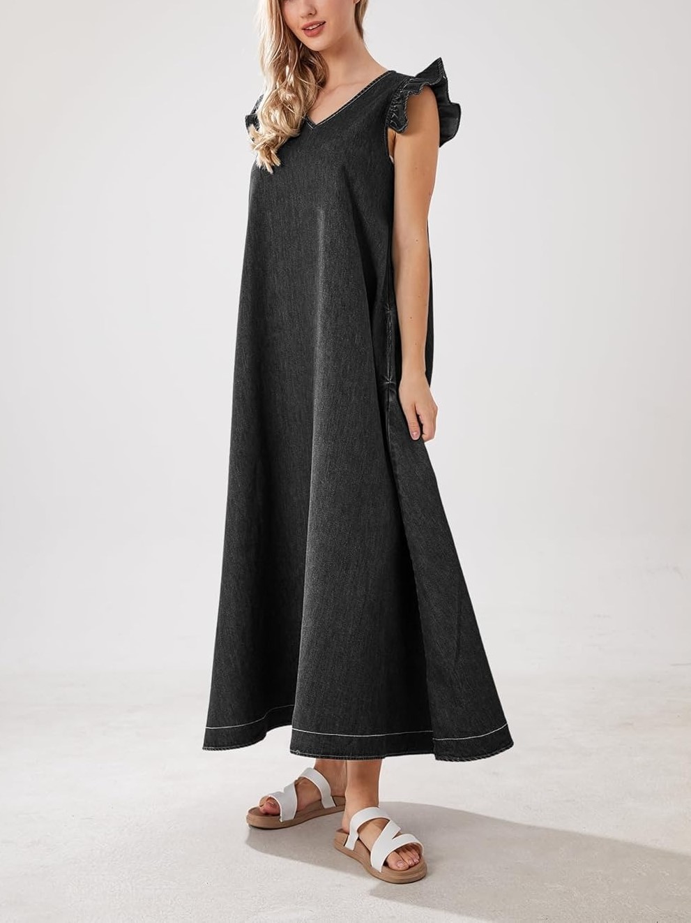 HOT SALE Women's Casual Loose Fit Ruffle Sleeveless V-Neck Denim Maxi Dress