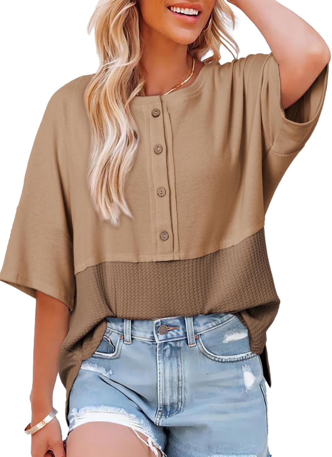 Women's Waffle Knit Top 3/4 Sleeve Casual Oversized Patchwork Shirt(BUY 2 FREE SHIPPING)