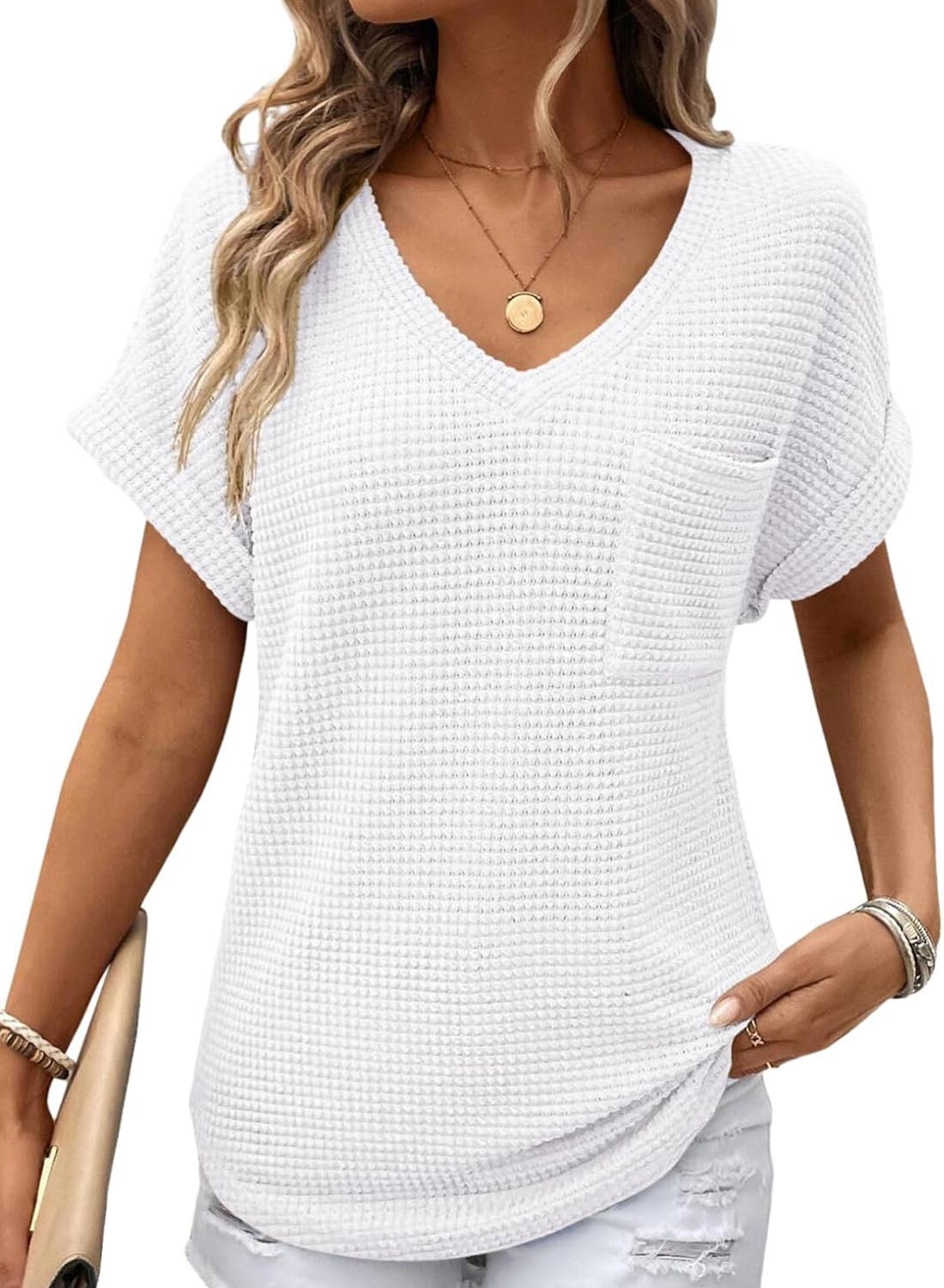 Women's Oversized Waffle V Neck Short Sleeve Casual Top(BUY 2 FREE SHIPPING)