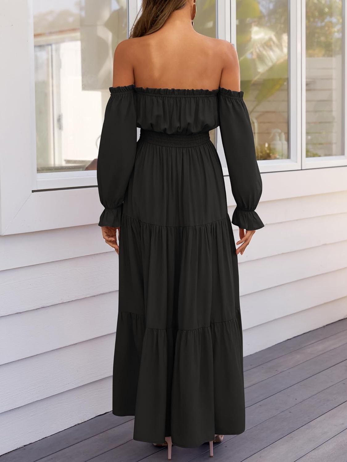 Women's Boho Sexy Off Shoulder Long Sleeve Smocked Side Split Tiered Maxi Dress
