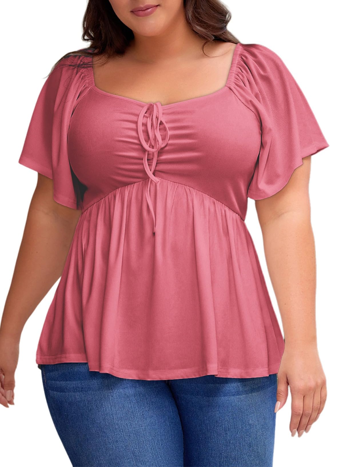 Women Sweetheart Neck Short Sleeve Shirred Peplum Blouse Tops Shirts