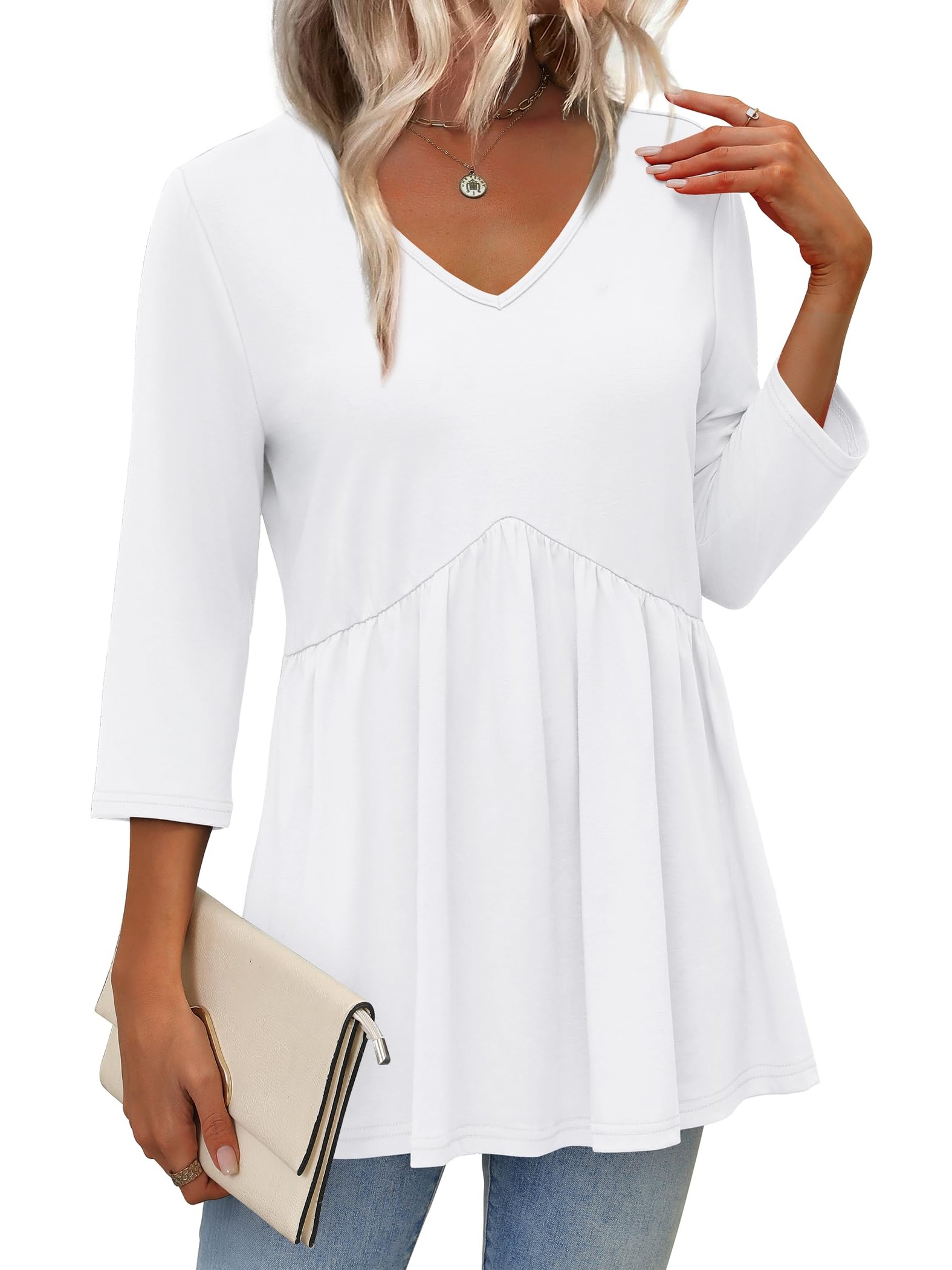 HOT SALE Women's V-Neck 3/4 Sleeve Babydoll Tunic Tops