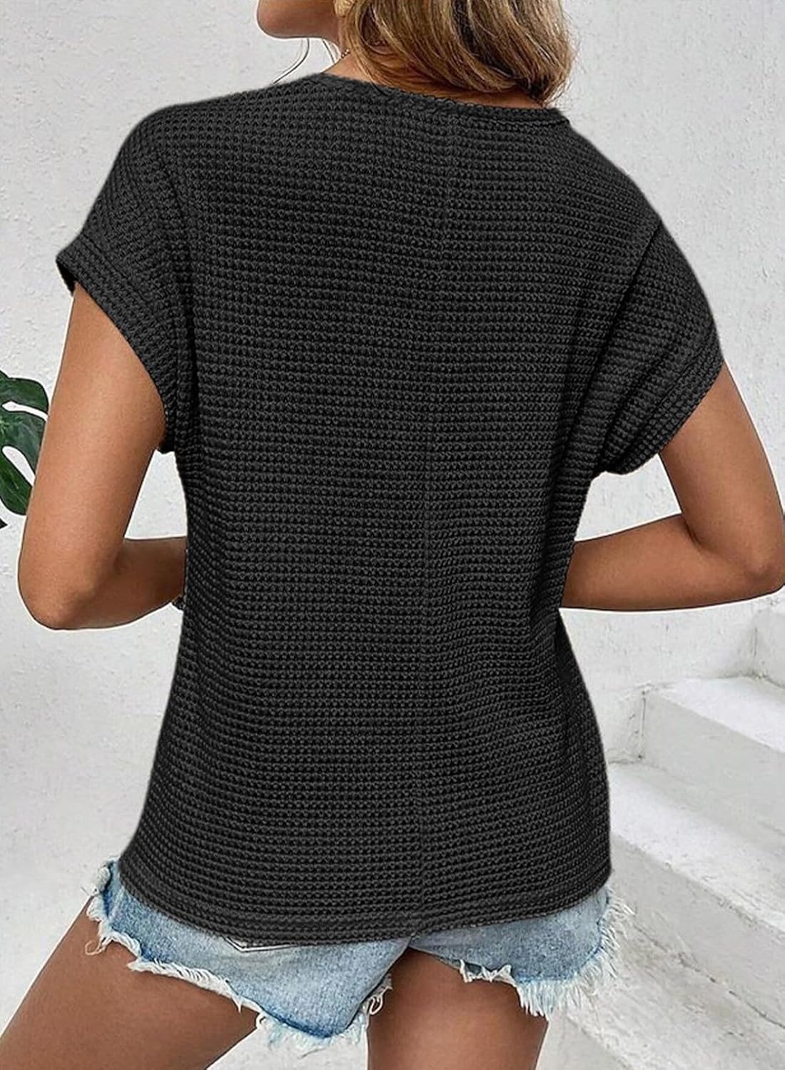 HOT SALE Women's Casual Waffle Knit Hollow Out Short Sleeve Shirts