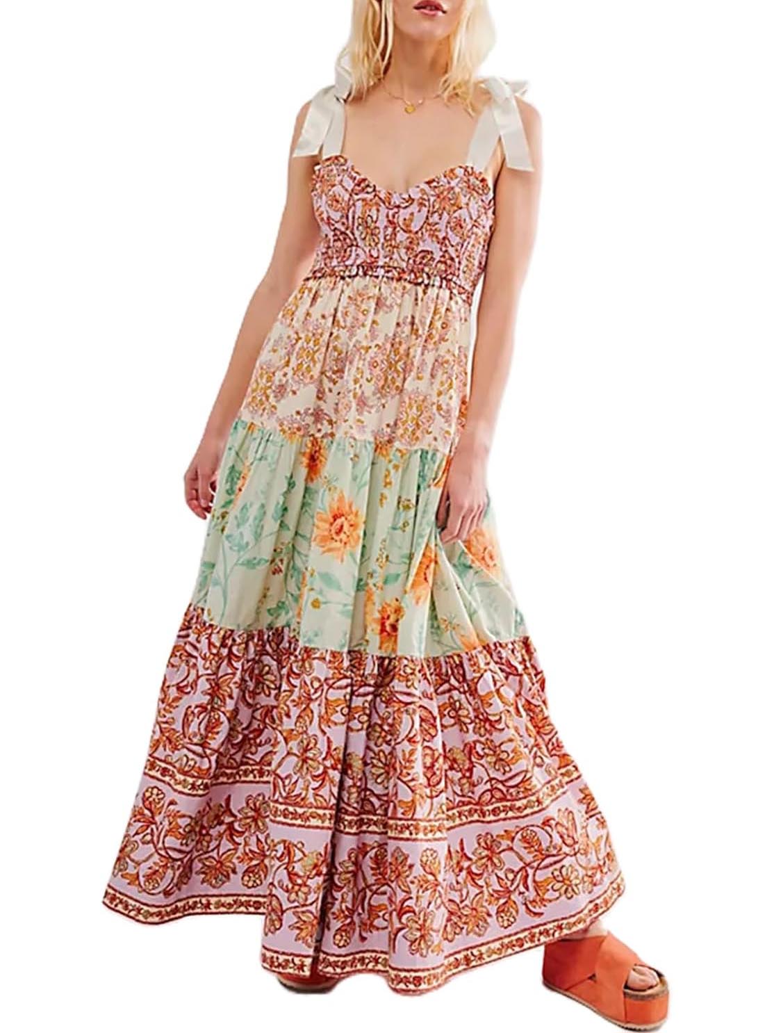 Women's Flowy Smocked Sleeveless Tie Shoulder Boho Maxi Dress
