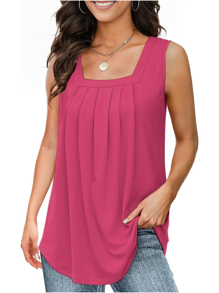 Women's Loose Fit Pleated Square Neck Tank Tops