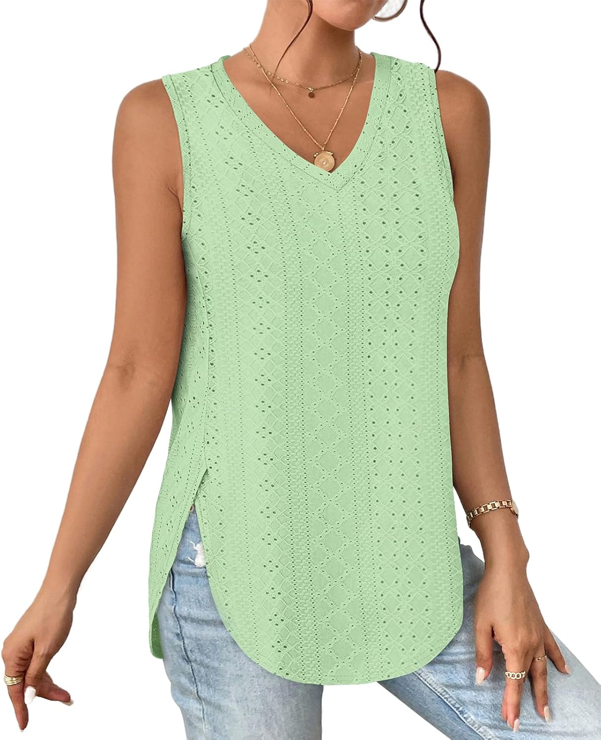HOT SALE Women's V Neck Eyelet Embroidery Casaul Sleeveless Tank Tops
