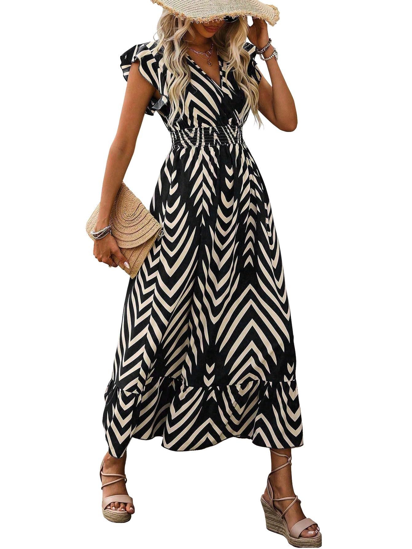 Women's Spring Summer Fashion Floral V Neck Ruffle Waist Slim Boho Dress