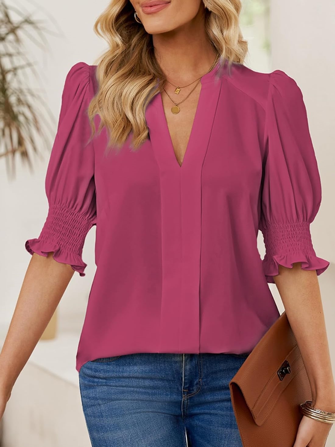 Women's Dressy Casual V Neck  Puff Ruffle Short Sleeve Shirt Tops