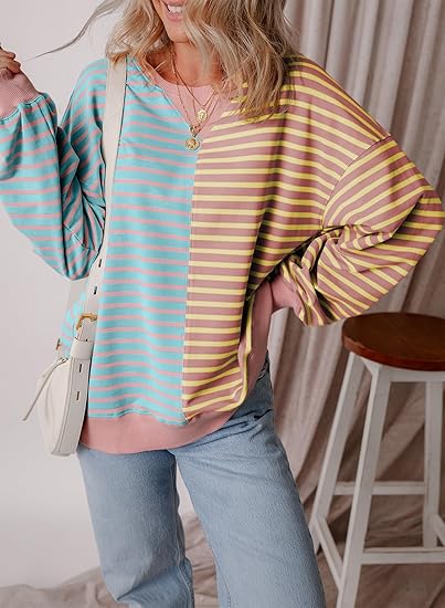 Womens Oversized Sweatshirts Striped Color Block Crewneck Sweatshirt