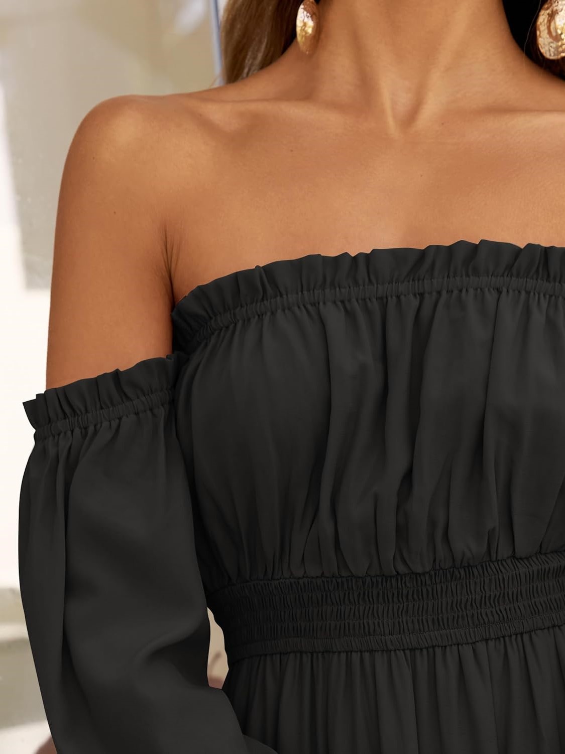 Women's Boho Sexy Off Shoulder Long Sleeve Smocked Side Split Tiered Maxi Dress