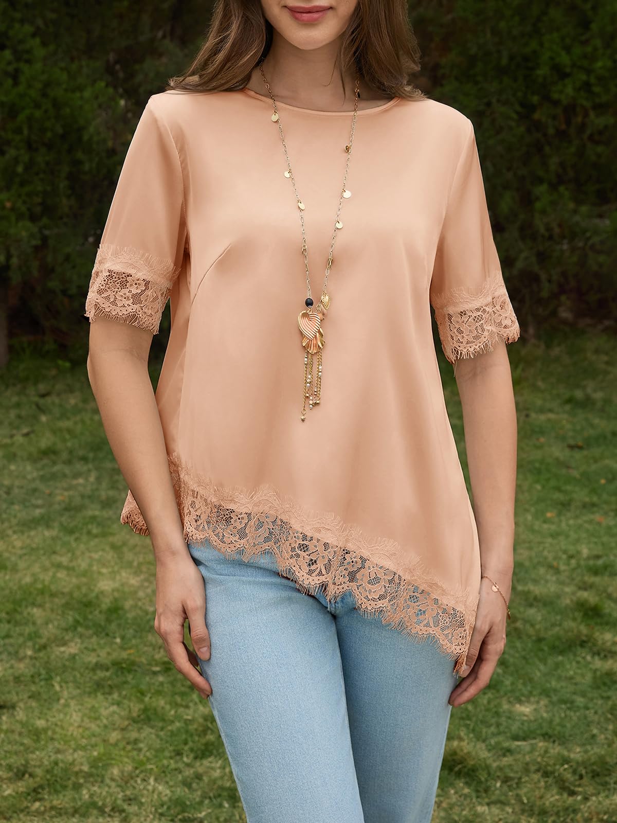 Women's Satin Short Sleeve Lace Trim Asymmetrical Blouse Tops