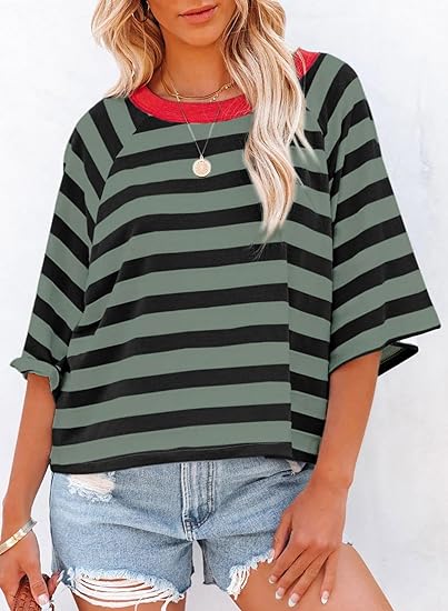 HOT SALE Women's Cute Round Neck Striped Short Sleeve Casual Top