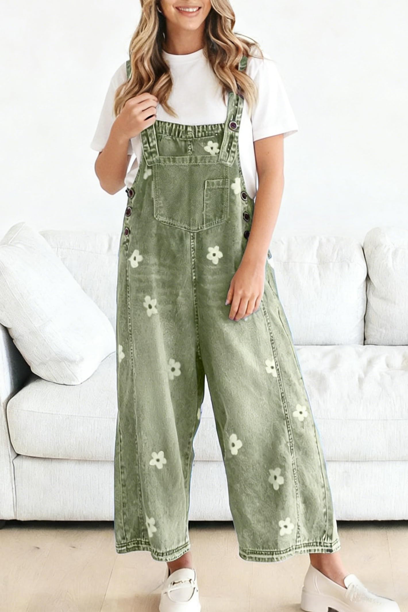Women's Floral Printed Adjustable Strap Denim Bib Overalls Baggy Jumpsuit
