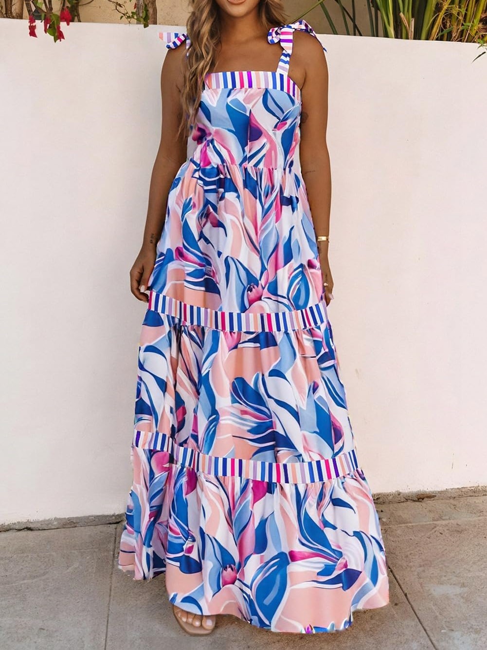 Women's Summer Sleeveless Strap Tie Floral Print Maxi Dress
