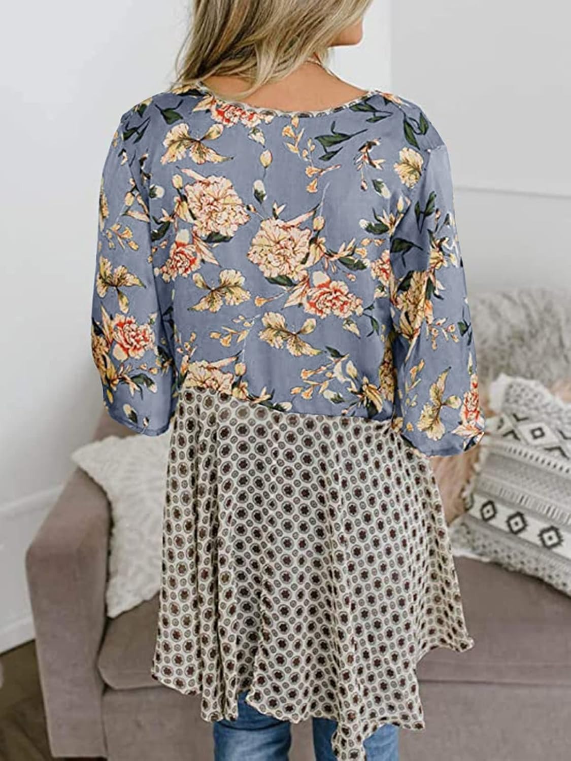 HOT SALE Women's Floral Kimono 3/4 Ruffle Sleeve Tie Cardigans Flowy Boho Loose Cover Ups