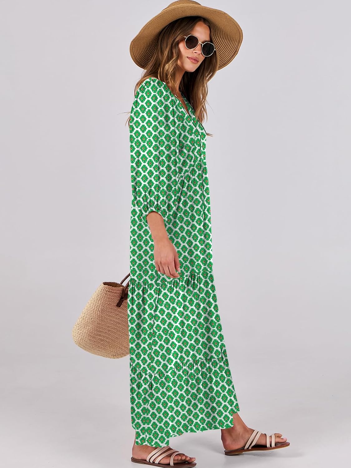 HOT SALE Summer V Neck Puff Sleeve Floral Flowy Casual Maxi Dress