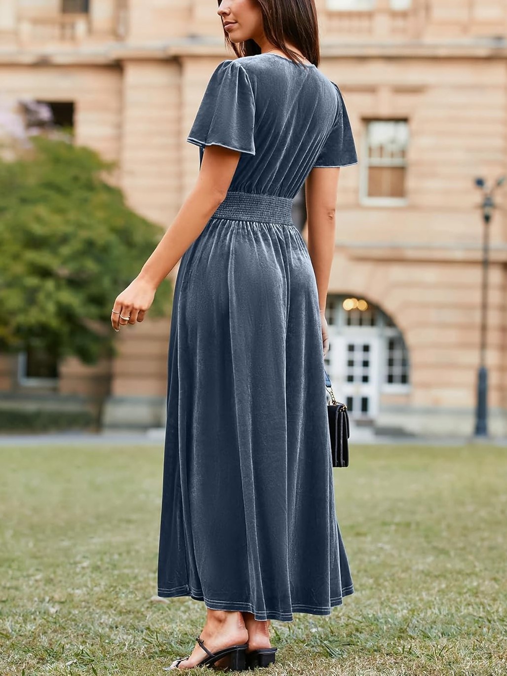 Women's V Neck Short Sleeve Empire Waist Velvet Maxi Dress