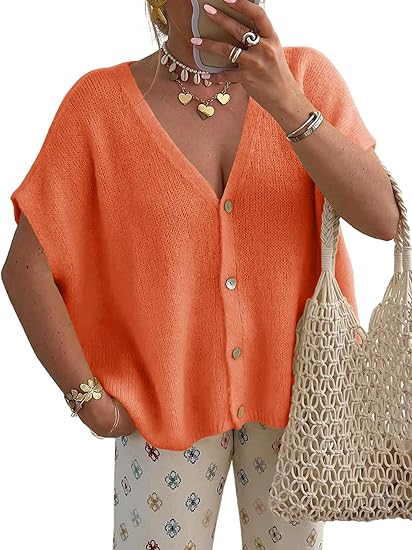 Womens Spring Oversized Cardigans Short Sleeve Lightweight Button Casual Knit Sweater Tops