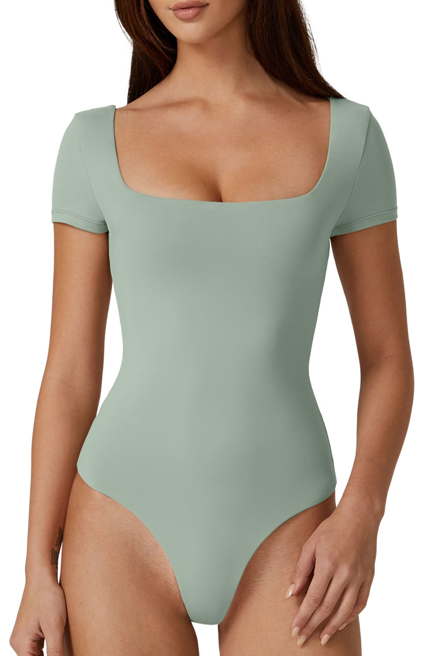  Women's Square Neck Short Sleeve Double-Layer Bodysuit