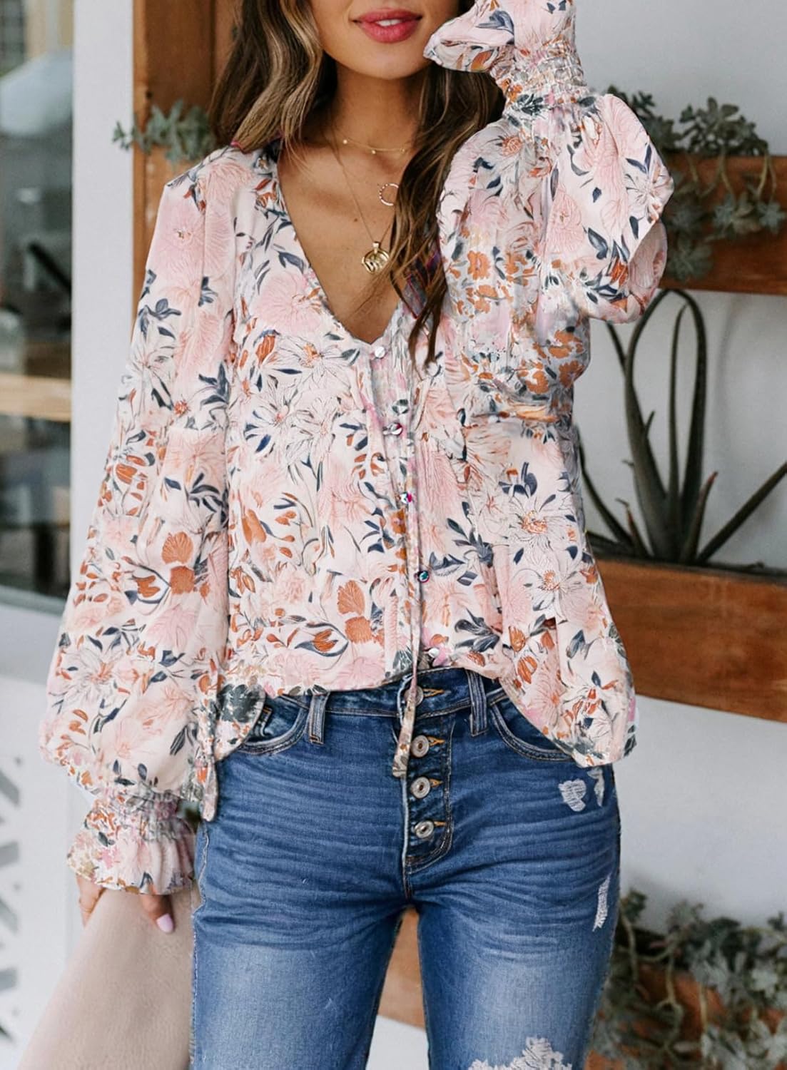 Women's Boho Floral Print V Neck Long Sleeve Drawstring Button Blouses