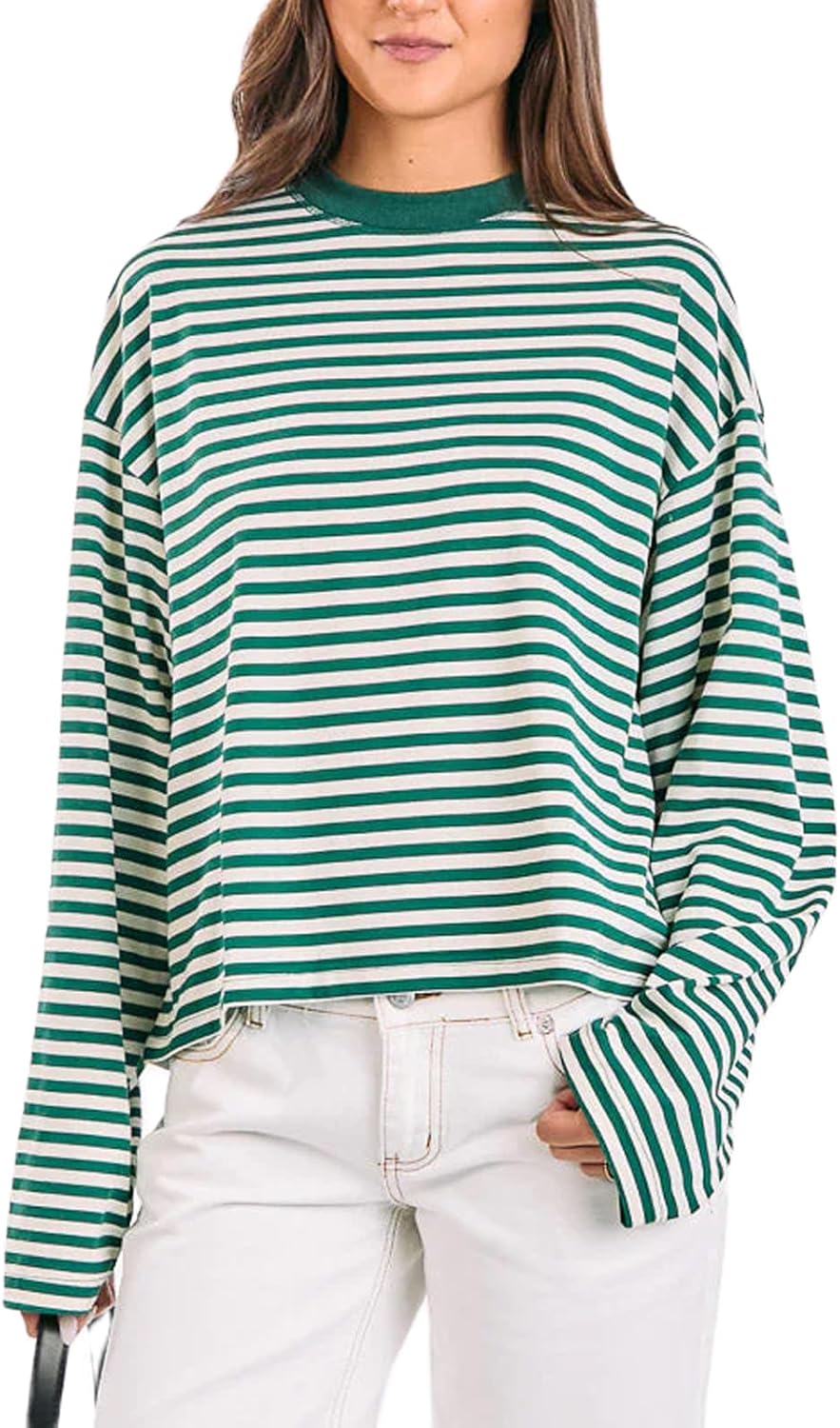 HOT SALE Women's Oversized Striped Cropped Long Sleeve Top