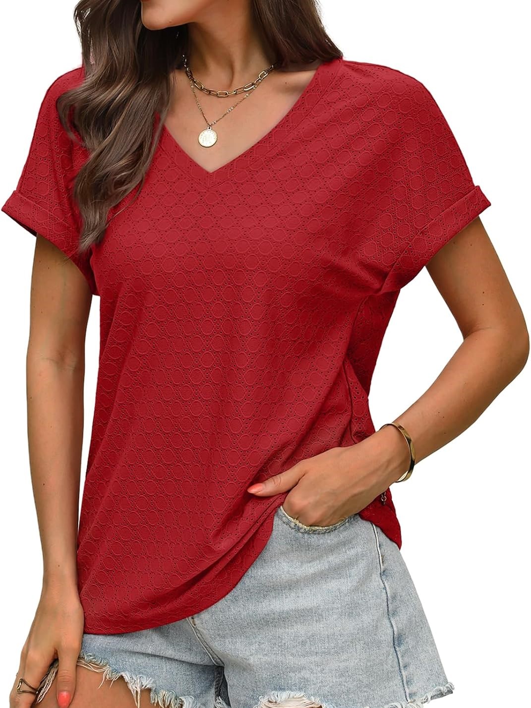 Women's V Neck Eyelet Dressy Casual Basic Short Sleeve Tees