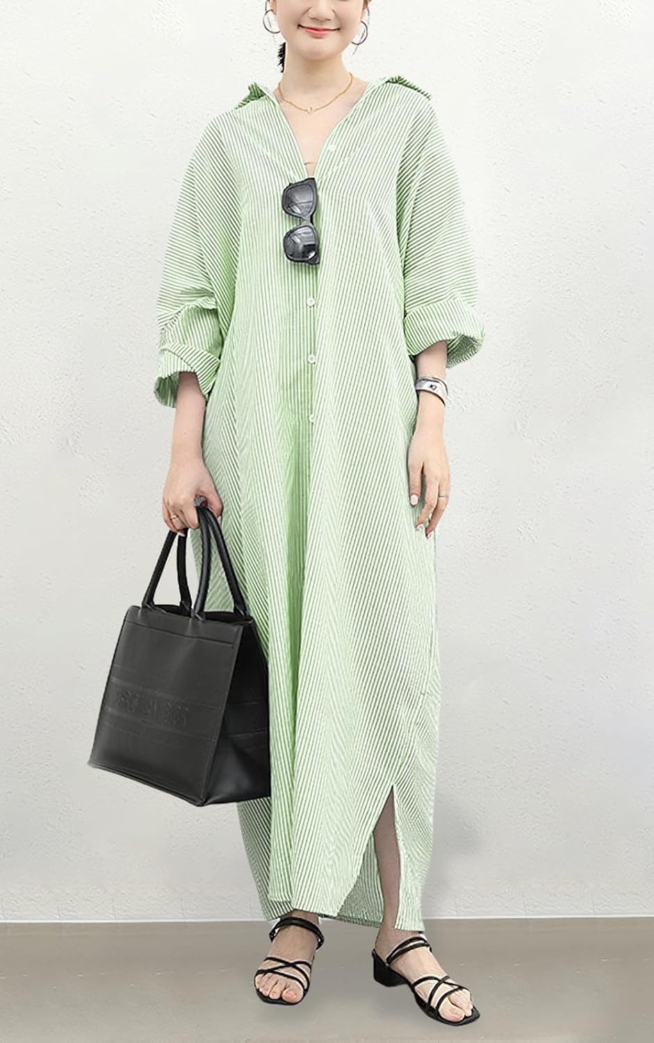 Women's Casual Button Down Loose Striped Cotton Maxi Shirt Dress