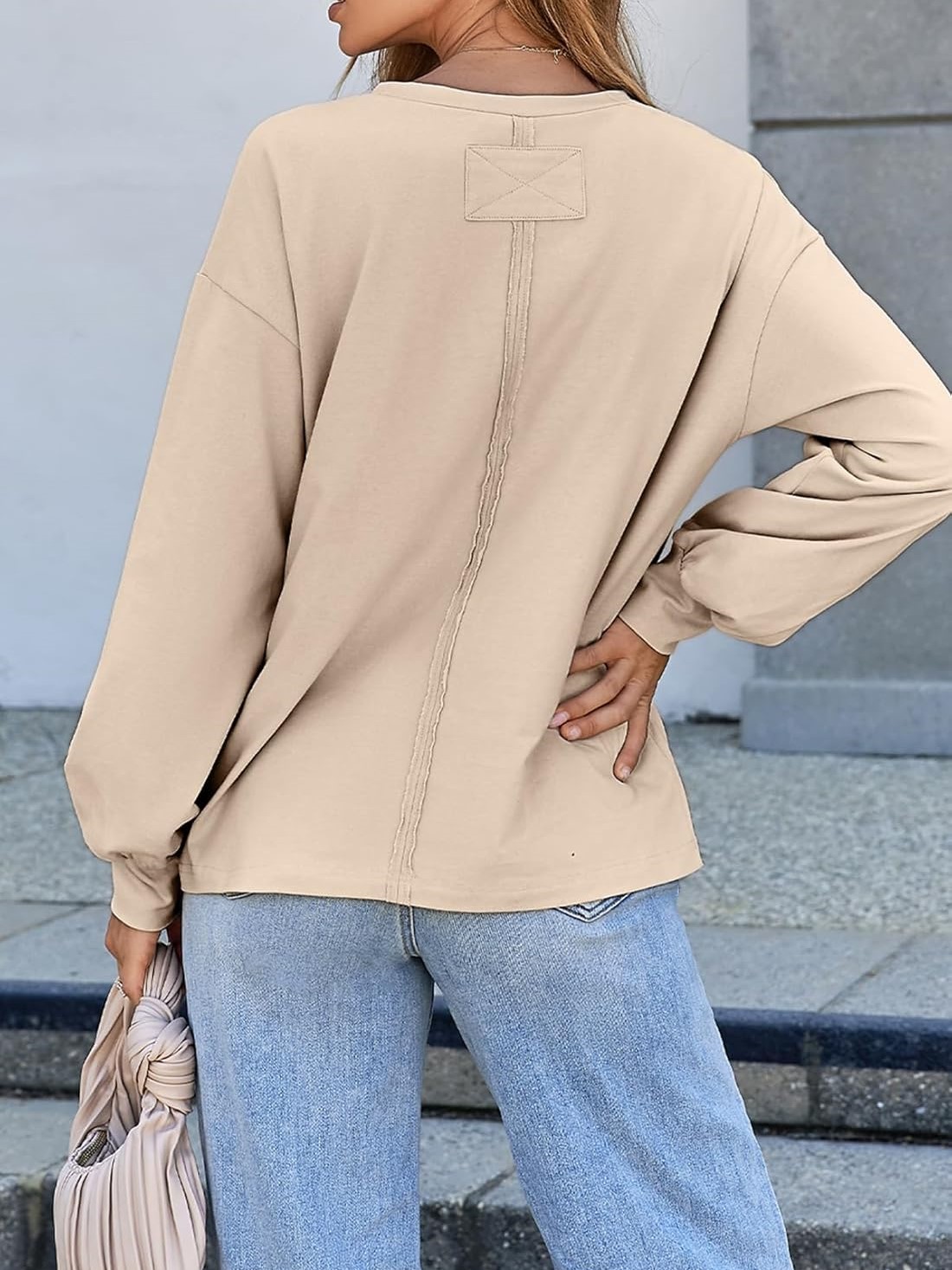 Women's Crewneck Pocket Oversized Basic Long Sleeve Shirts