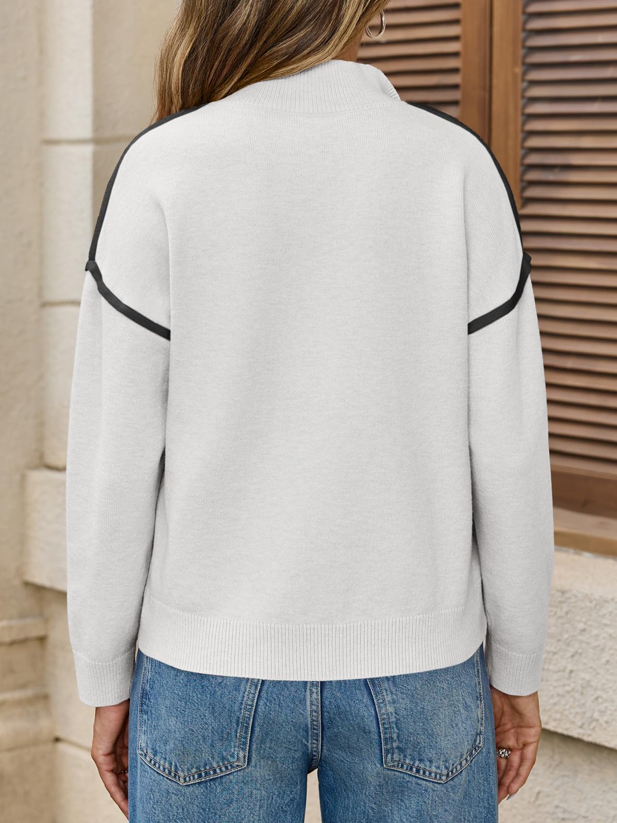 Women's Casual Color Block V Neck Quarter Zip Pullover Sweaters