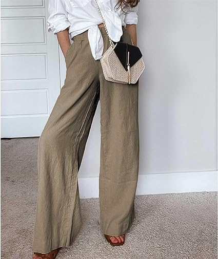 Women's Cotton Linen Drawstring Stretch Waist Wide Leg Pants