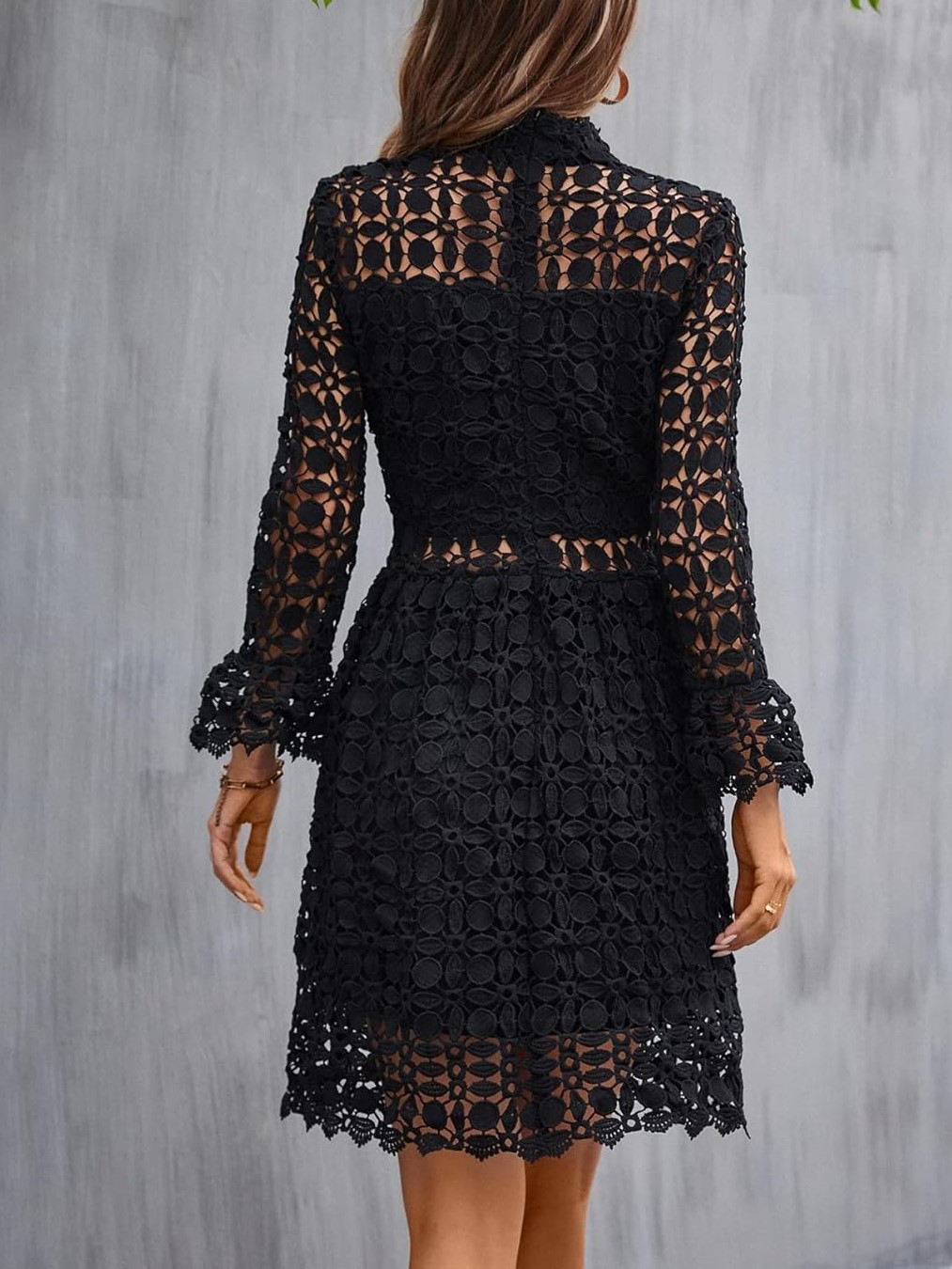 Women's Stand Collar Lace Hollow-Out Floral Pattern Dress