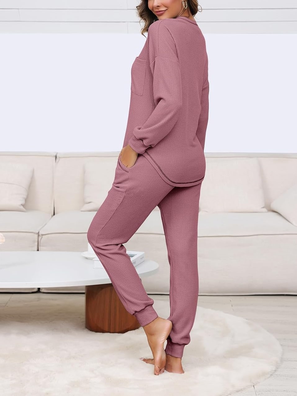 Women's V Neck Waffle Knit Sleepwear Top and Pant Lounge Sets