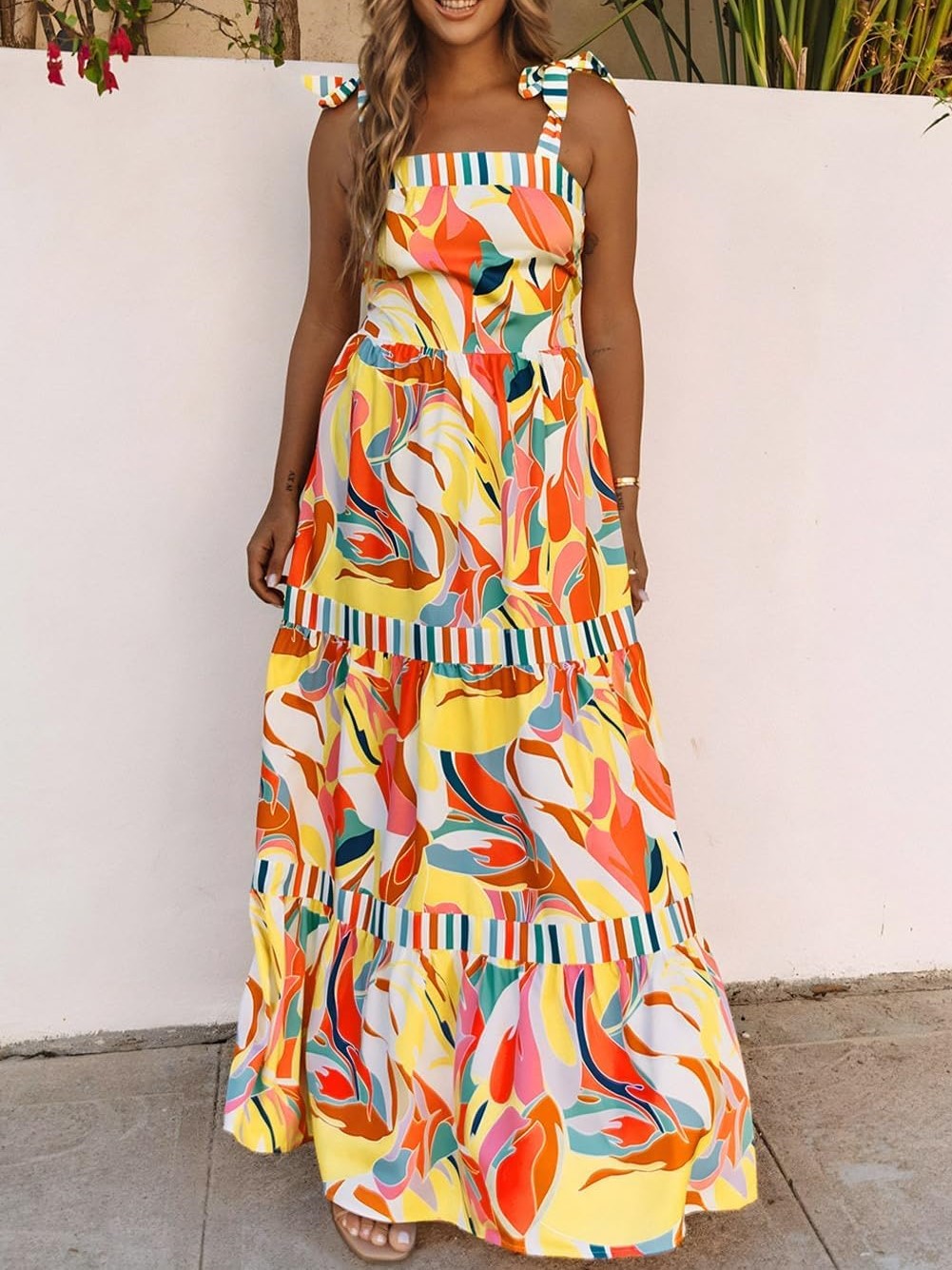 Women's Summer Sleeveless Strap Tie Floral Print Maxi Dress