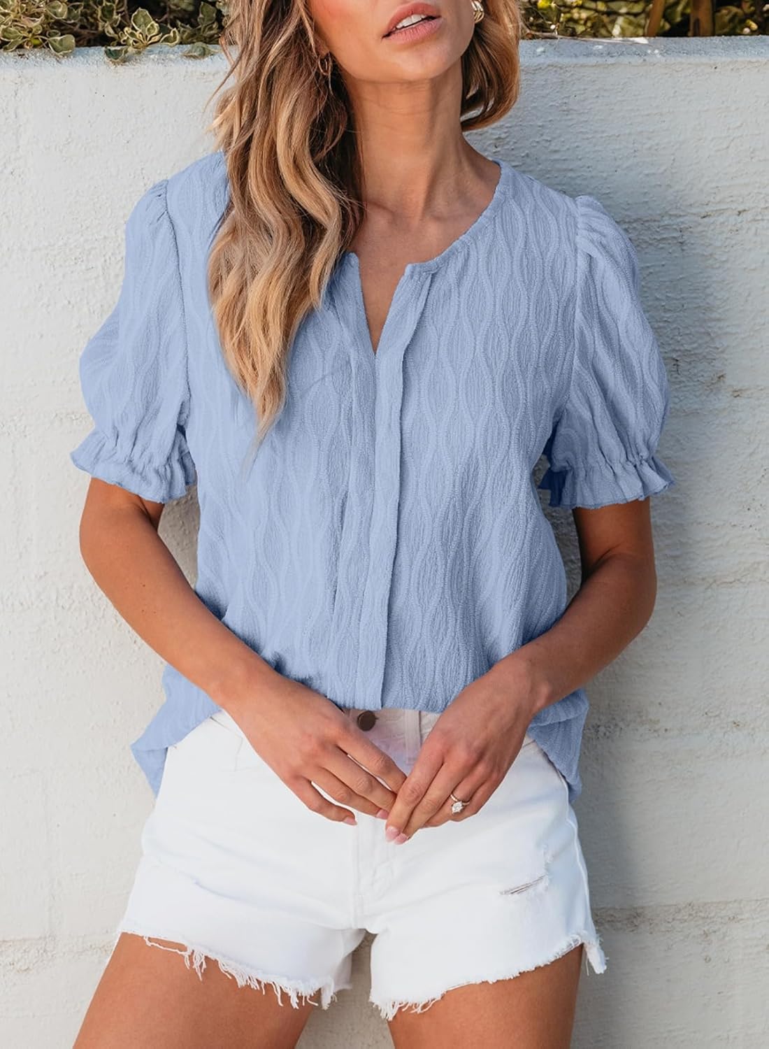 Women Dressy Casual Spring Summer V Neck Puff Sleeve Blouses