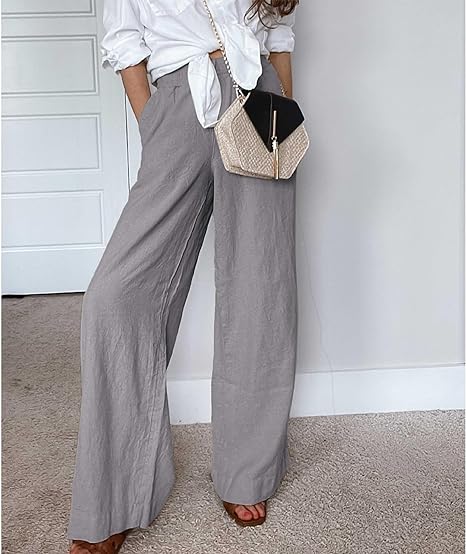 Women's Cotton Linen Drawstring Stretch Waist Wide Leg Pants