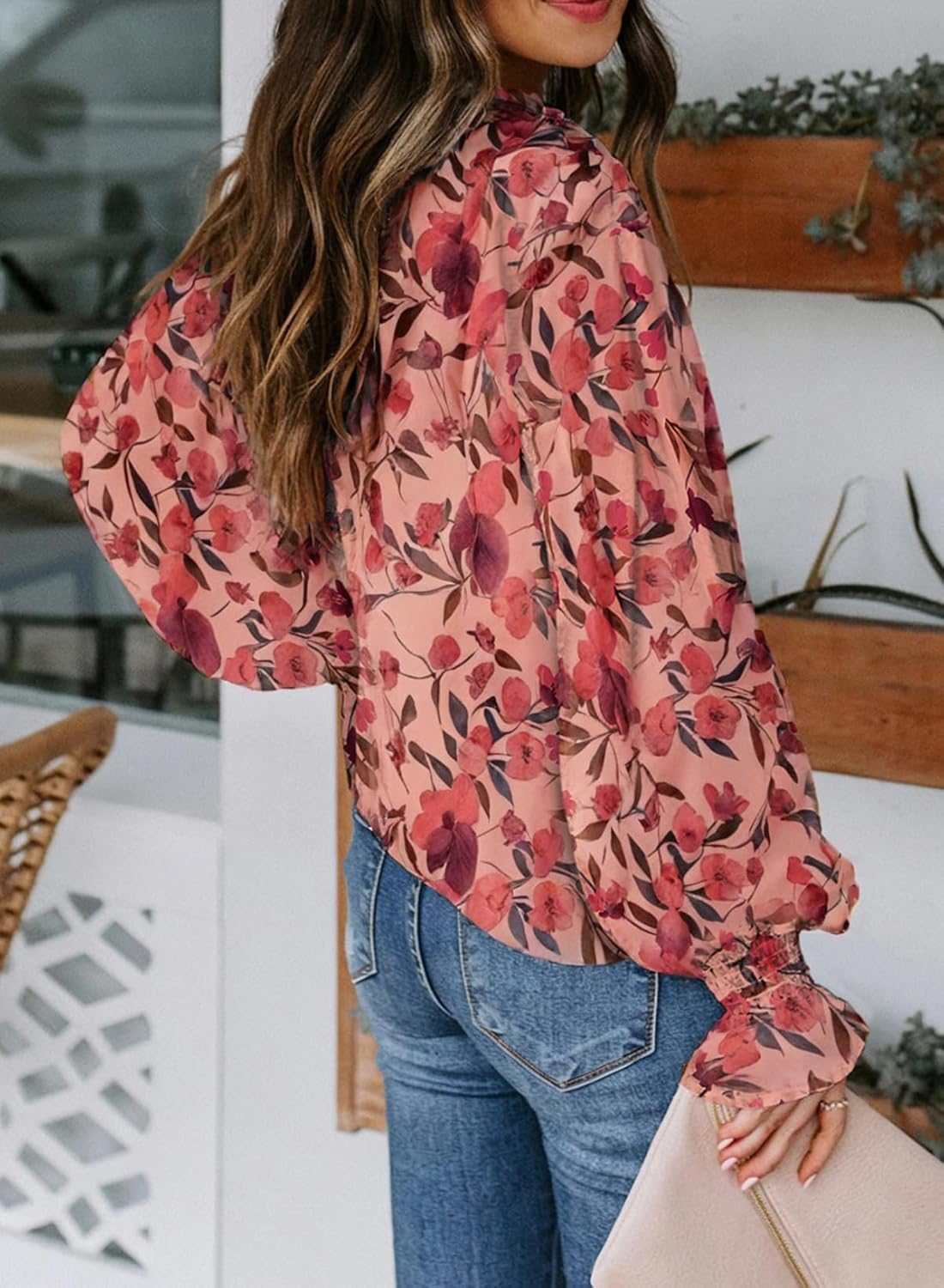 Women's Boho Floral Print V Neck Long Sleeve Drawstring Button Blouses