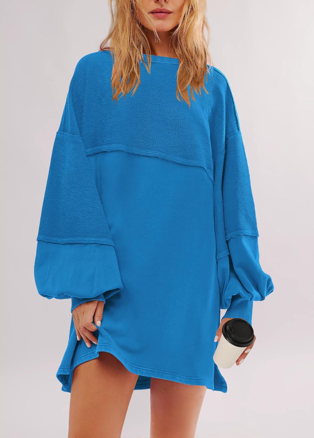 Women's Oversized Crewneck Patchwork Slit Sweatshirt Dress