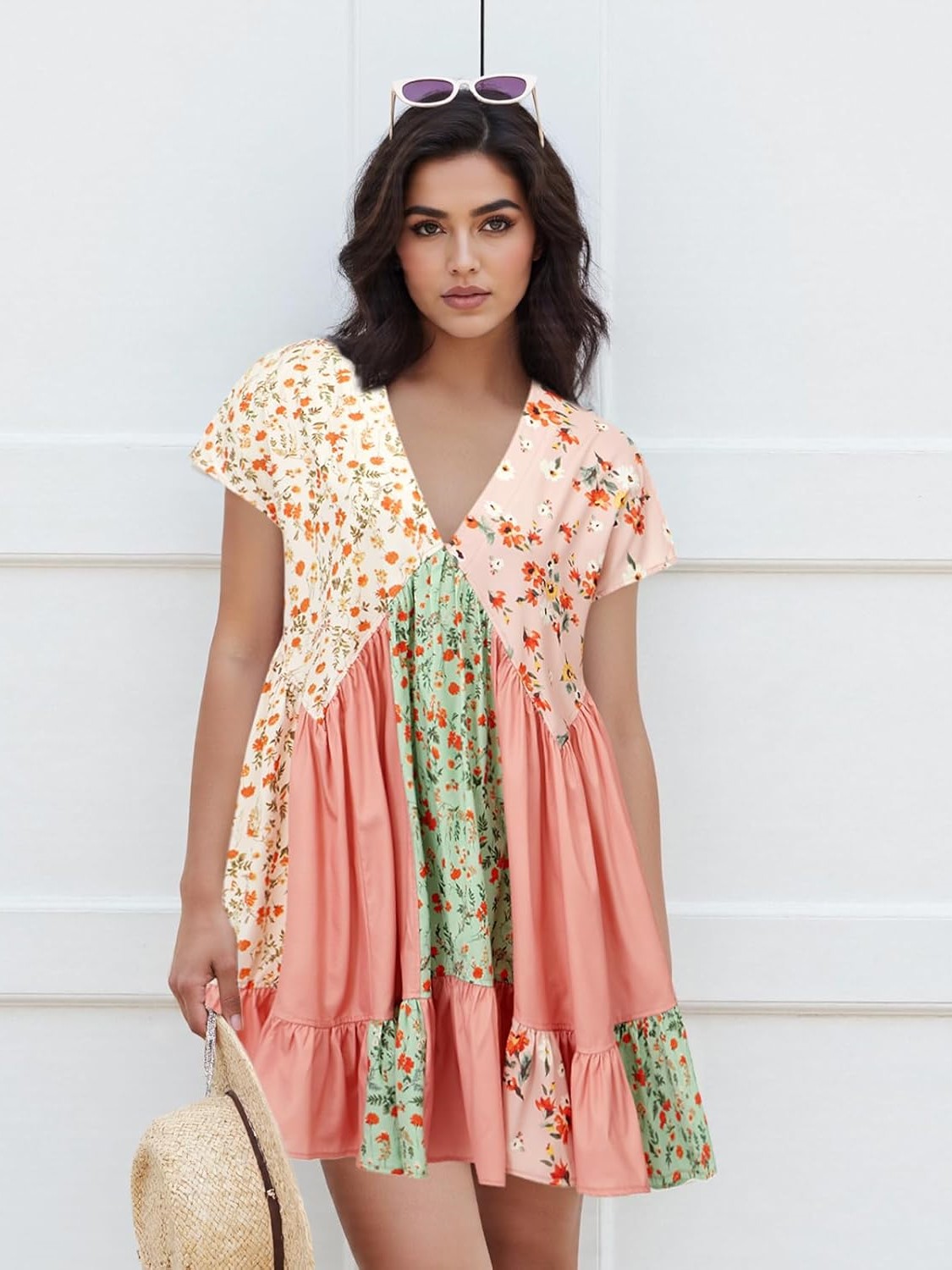 Women's V-Neck Printed Flowing Short Sleeve Mini Dress