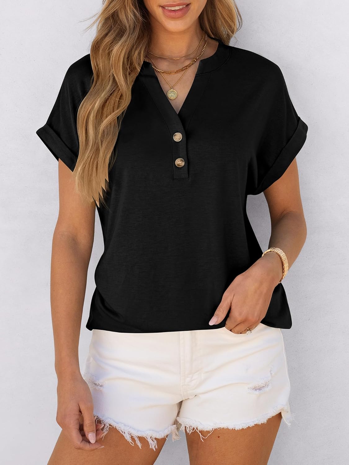 Women's V Neck Button Casual Loose Fit Short Sleeve Shirts Henley Tops