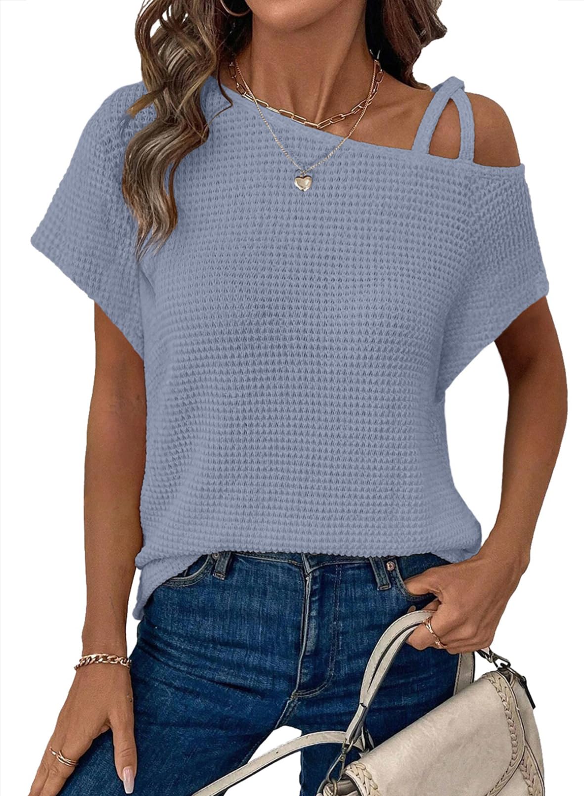 Womens Summer Tops Off One Shoulder Waffle Knit Short Sleeve T-Shirts
